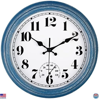 JENLYSTIME 12" Retro Azul Impermeable Reloj de Pared con Termómetro - Cuarzo Silencioso Foto 1 de 4