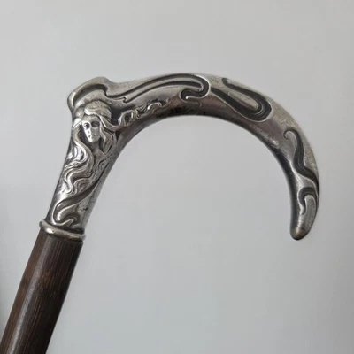 Pommeau de Canne Ombrelle Art Nouveau 1900 Femme Signé Métal Argenté Jugendstil  - Photo 1/4