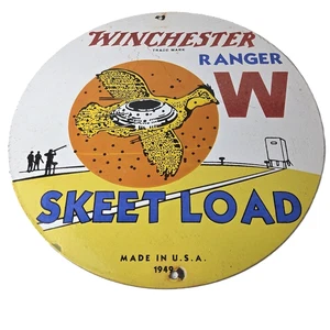 Vintage Winchester Skeet Sign - Ranger Shot Gun Shells Gas Pump Porcelain Sign - Picture 1 of 14