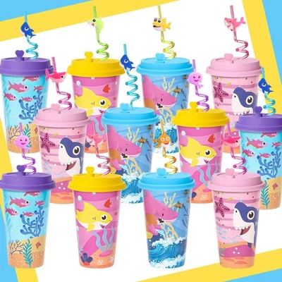 Shark Birthday Cups 16oz with Lids & Silly Straws - Pool Party Favors, Reusable - Image 1 of 4
