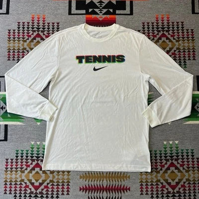 Nike Tenis Manga Larga Camiseta Dri-FIT Hombres Talla Mediana Blanco Swoosh 517570 B9 Foto 1 de 4