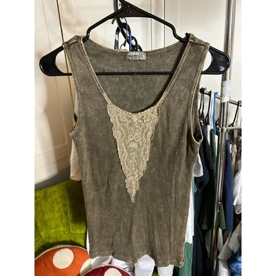 One World Women's Ribbed Lace Trim Tank Top Brown Size Medium - Image 1 of 3