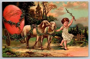 Easter Greetings Pink Egg Carriage Lambs Girl church Bell lEmbossed Postcard - Picture 1 of 2