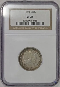 1893 25c Silver Barber Quarter NGC VF25 Nice Coin Light Toning - Picture 1 of 4