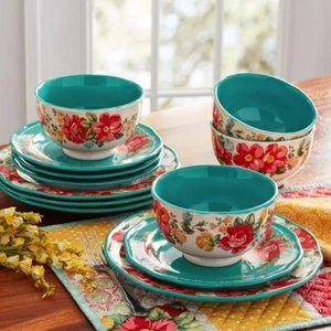 The Pioneer Woman Teal Floral 12-Piece Dinnerware Set Service For 4 Kitchen New - Picture 1 of 4