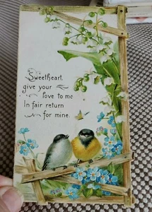 Antique Vntg Valentine Card Sweetheart Embossed Canterberry Bell Love Bird Fence - Picture 1 of 8
