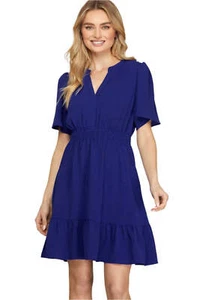 She + Sky Ruffled Hem Notched Flutter Sleeve Mini Dress - Picture 1 of 4