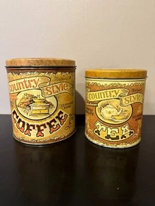 Vtg Mid Century Country Style Tin TEA AND COFFEE Kitchen Canisters Retro set - Picture 1 of 6