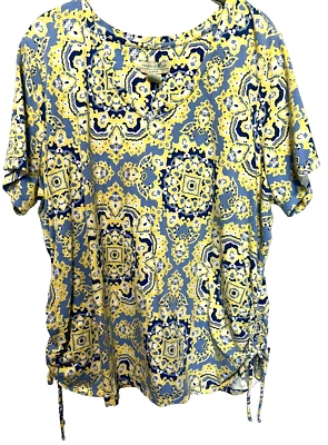 Caribbean Joe Shirt Womens 2X Tie Dye Paisley Yellow Blue Cotton Blend Stretch - Image 1 of 4
