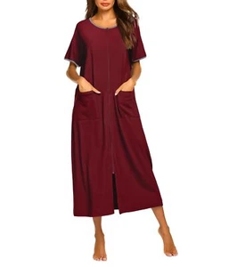 Women Robes Zipper Front Short Sleeve Full Length Housecoat with Pockets Loun... - Picture 1 of 5