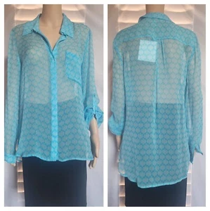 DVF Damen transparente Seide türkis weiß Kragen verstellbar Langarm 10 $ 248 Neu mit Etikett - Bild 1 von 10