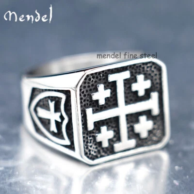 MENDEL Mens Christian Jerusalem Cross Square Ring Stainless Steel Size 7 8 9-15 - Image 1 of 4