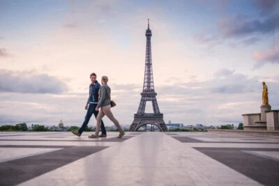 Couple Walking Near Eiffel Tower Paris France Photo Art Print Poster 18x12 - Image 1 of 3