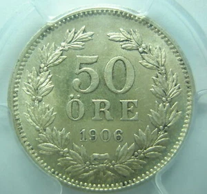 SWEDEN Kingdom 50 ore 1906 EB PCGS MS 64 UNC Quality Silver King Oscar Graded - Picture 1 of 3