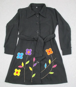 Lightweight Coat Black S/M Jacket Flowers Hippie Boho Peasant Lagenlook Fleece - Picture 1 of 11