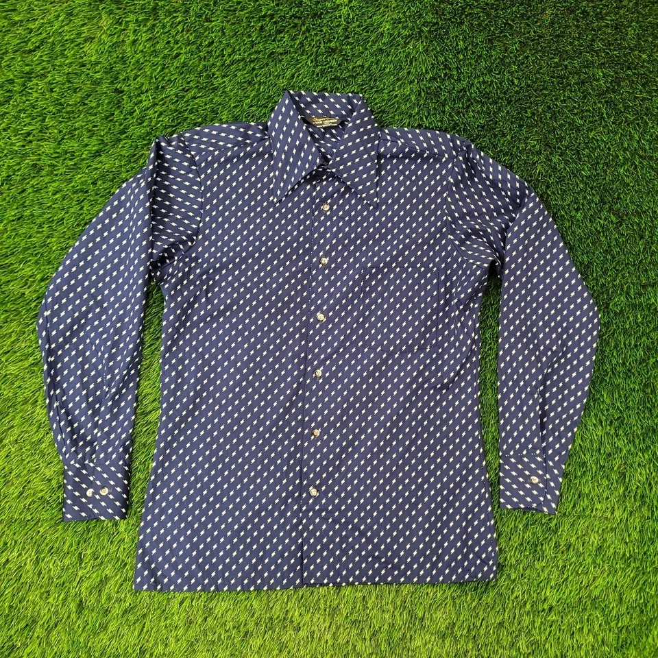 Vintage 90s Van-Heusen Disco Shirt Medium 22x29 Blue Groovy - Image 1 of 4