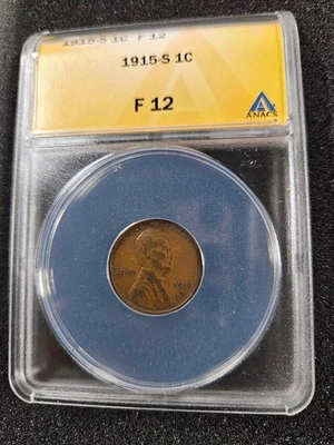 🌟 1915-S Lincoln Wheat Cent Penny Coin ANACS F12 - Image 1 of 2