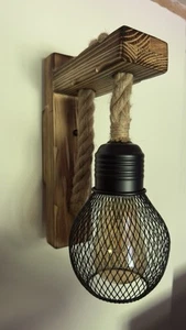 Vintage Wooden Wall Light with Hemp Rope Cage E27 Mounted Lamp - Picture 1 of 2