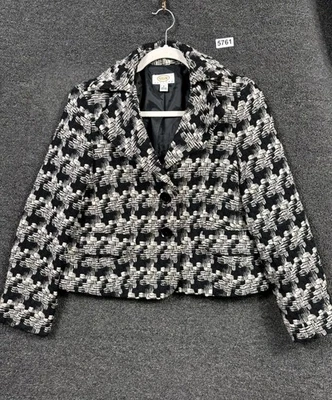 Blazer Talbots Mujer 8P Negro Blanco Tweed Chaqueta Botón Mezcla Lana Mangas Puños Foto 1 de 4