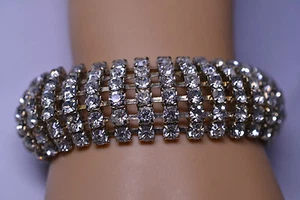 VINTAGE 7/8 INCH WIDE DOMED BRACELET WITH 6 ROWS OF ROUND RHINESTONES 8 IN. LONG - Picture 1 of 5