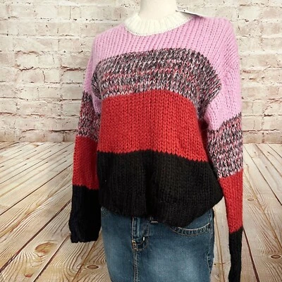 Suéter de punto grueso JOA para mujer a rayas talla S rosa rojo negro nuevo sin etiquetas Foto 1 de 4