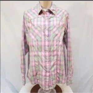 Cruel Arena Fit Western Pink Mint Plaid Distressed Pearl Snap Shirt NWT Size XL - Picture 1 of 9