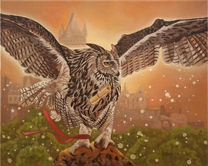 Owl messenger, Great horned owl, Original fantasy artwork oil painting, 16''x20" - Picture 1 of 7
