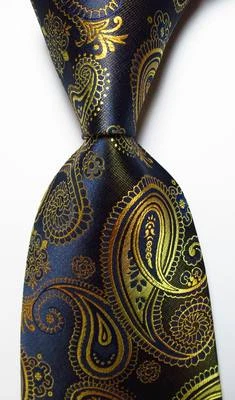 Nova Gravata Masculina Clássica Paisley Ouro Preto Tecido JACQUARD 100% Seda - Imagem 1 de 2