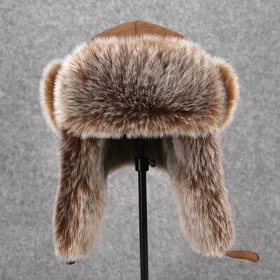Vintage Style Men Trapper Hat Ski Cap Ushanka Cossack Faux Fur Suede Winter Warm - Image 1 of 4