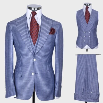 Pin Striped Men Suits Slim Fit Peak Lapel Formal Tuxedos Groom Single Breasted - Image 1 of 4