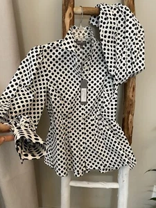 GREYSN Shirt White Polka Dot Button Up Pin Tuck Back Peplum Puff Sleeve Blouse S - Picture 1 of 24