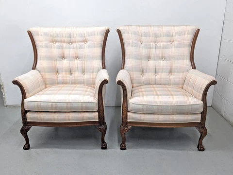 Vtg Chippendale Claw & Ball Mahogany Tufted Wingback Chairs Key City Furniture Cover