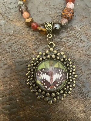 Collar Retro Monarca Mariposa Bronce COLGANTE Cristal Ágata Jaspe Ojo de Tigre’s Foto 1 de 3