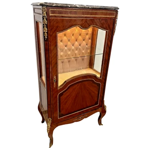 Vintage French Curio China Cabinet Vitrine, Lighted, locking door, Glass shelf Cover