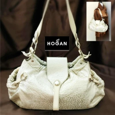 HOGAN Italy Cream Beige Handbag Metallic Hobo Slouchy Leather Large Shoulder Bag - Image 1 of 4