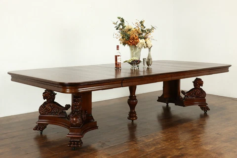 Renaissance Antique Oak 54" Dining Table, Carved Dragons, Extends 10'  #40900 Cover