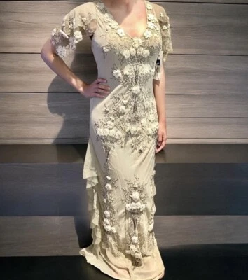 Maxi Vestido Sue Wong Nocturne NUEVO Apliques Florales Embellecido Seda Talla 6 RARO Foto 1 de 4