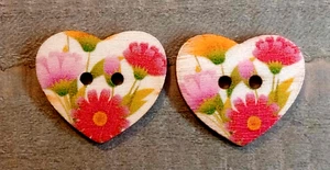 2 Floral Heart Sewing Buttons Crafting Wood 2 Hole 1"  - Picture 1 of 2