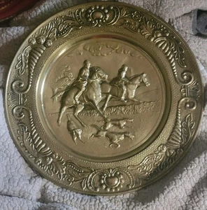 Vintage Mid-century English Brass Embossed Equestrian Fox Hunt Wall Decor - Picture 1 of 7