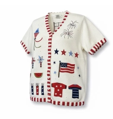 Vintage Quacker Factory Womens Large Americana Flag Novelty Cardigan Sweater - Image 1 of 4