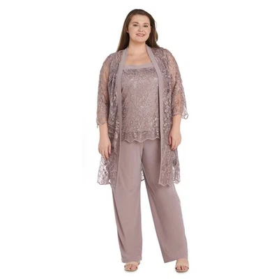 Traje de pantalón R&M Richards 3 piezas para mujer Plus 22W chaqueta y pantalón de encaje malva nuevo con etiquetas Foto 1 de 4