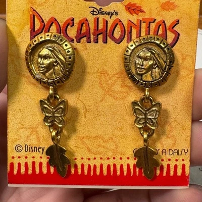 Pendientes Vintage Disney Pocahontas Oro Hoja Mariposa Poste Trasero Foto 1 de 2