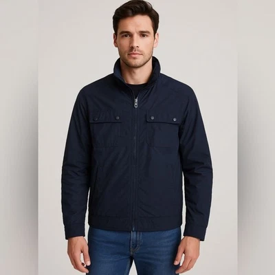 Mango Man Men’s Navy Blue Bomber Jacket with Packable Red Hood Size Small - Image 1 of 4