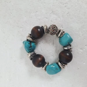 Vintage Large Chunky Silver Tone Blue Turquoise Wood Bead Stretch Bracelet - Picture 1 of 3