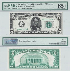 1928-A $5 Federal Reserve Note Fr-1951-E PMG Gem CU-65 EPQ - Picture 1 of 3