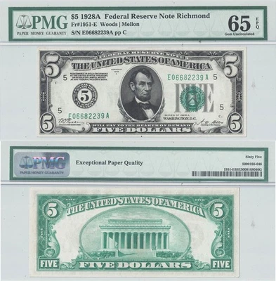 1928-A $5 Federal Reserve Note Fr-1951-E PMG Gem CU-65 EPQ - Image 1 of 3