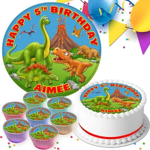DINOSAUR HAPPY BIRTHDAY PERSONALISED EDIBLE CAKE TOPPER & CUPCAKE TOPPERS R-760 - Picture 1 of 8