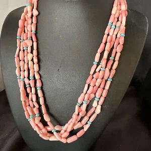 "Collar Navajo azul turquesa rosa coral plata de ley 5 hilos 20"" 17840" - Imagen 1 de 12