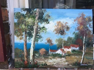 Ölgemälde - 12"x16" Landschaft/Meereslandschaft/rotes Dach Haus Impasto/strukturiert - neu - Bild 1 von 2