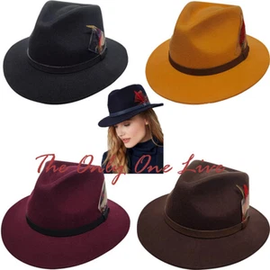 Men Women Hat Unisex Wool Trilby Fedora Hat Wide Brim Feather Adjustable Band - Picture 1 of 9